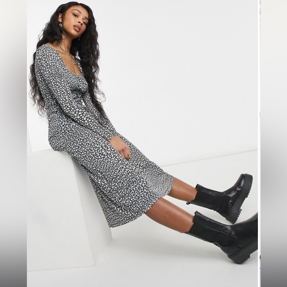 Topshop lace-up detail mesh midi dress in monchrome